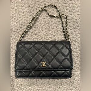 Black Quilted Crossbody Bag with Gold Accents